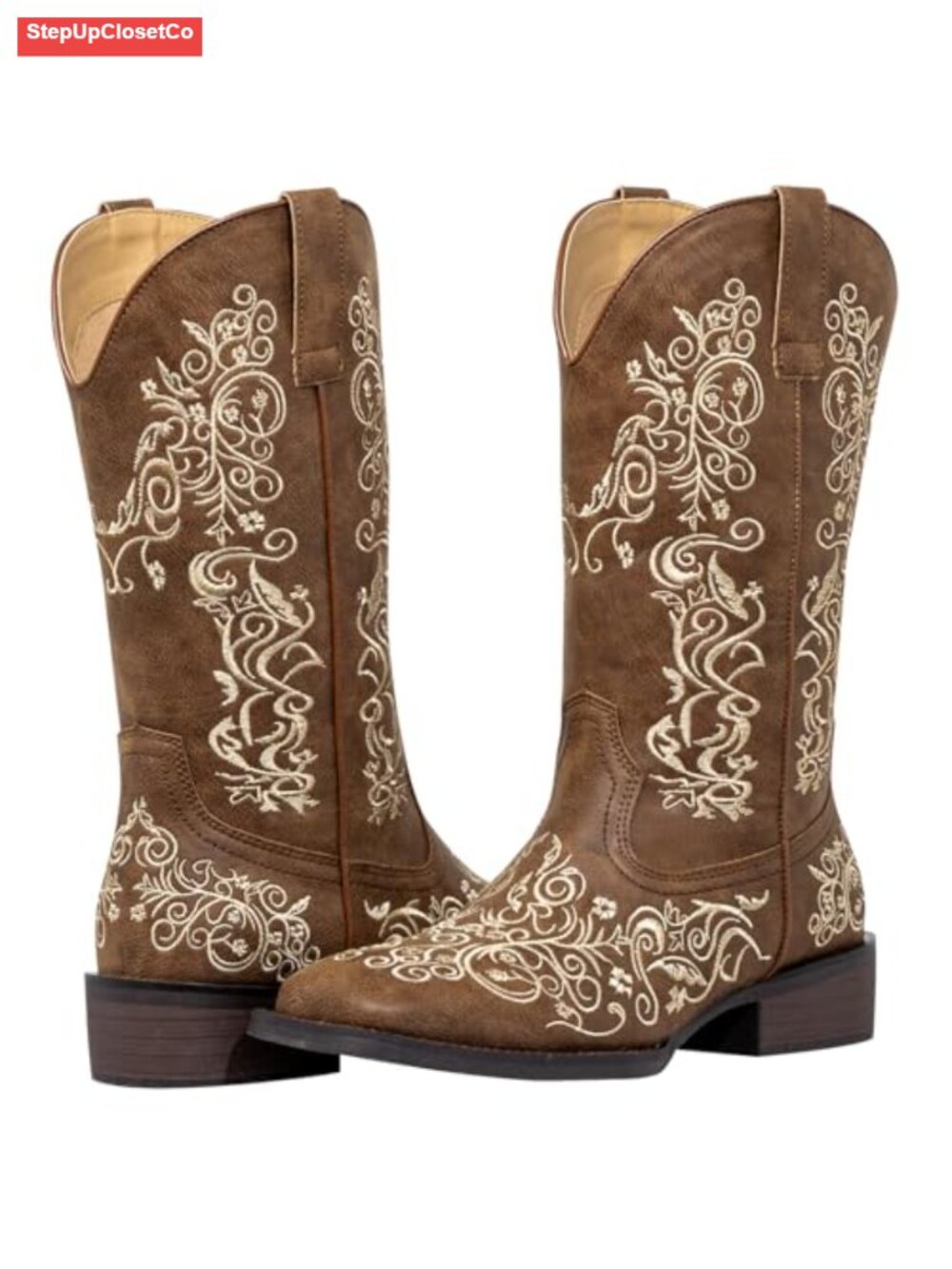 Women's Western Cowboy Boots Faux Leather Floral Embroidered Square Toe Mid Calf